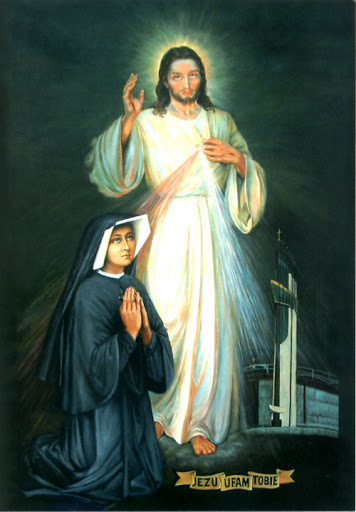 Kartka z Jezusem i modlącą się Św. siostrą Faustyną